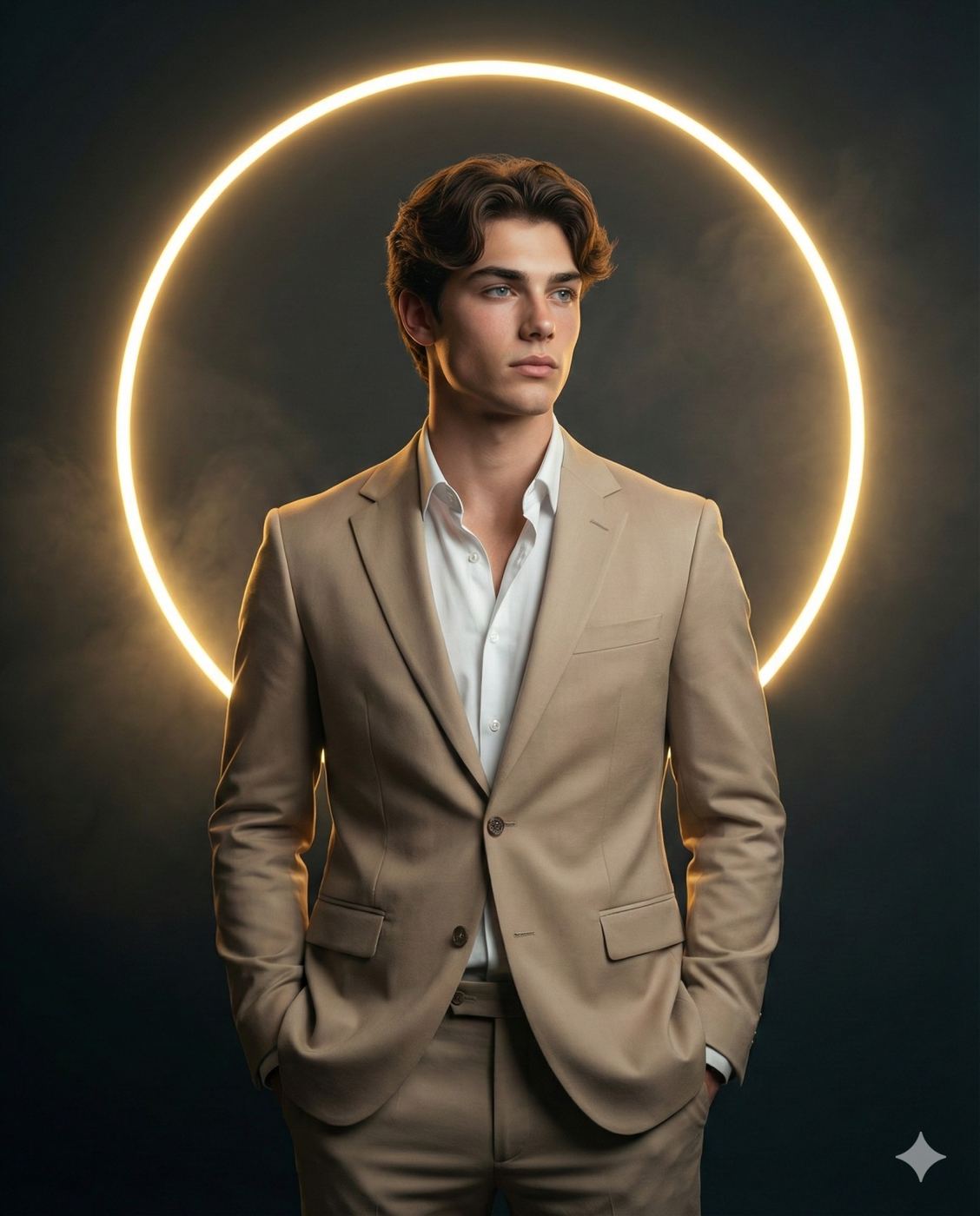 Google Gemini AI Prompt: Cinematic portrait of a man in a tan suit with a glowing golden neon halo behind him against a dark, smokey background.
