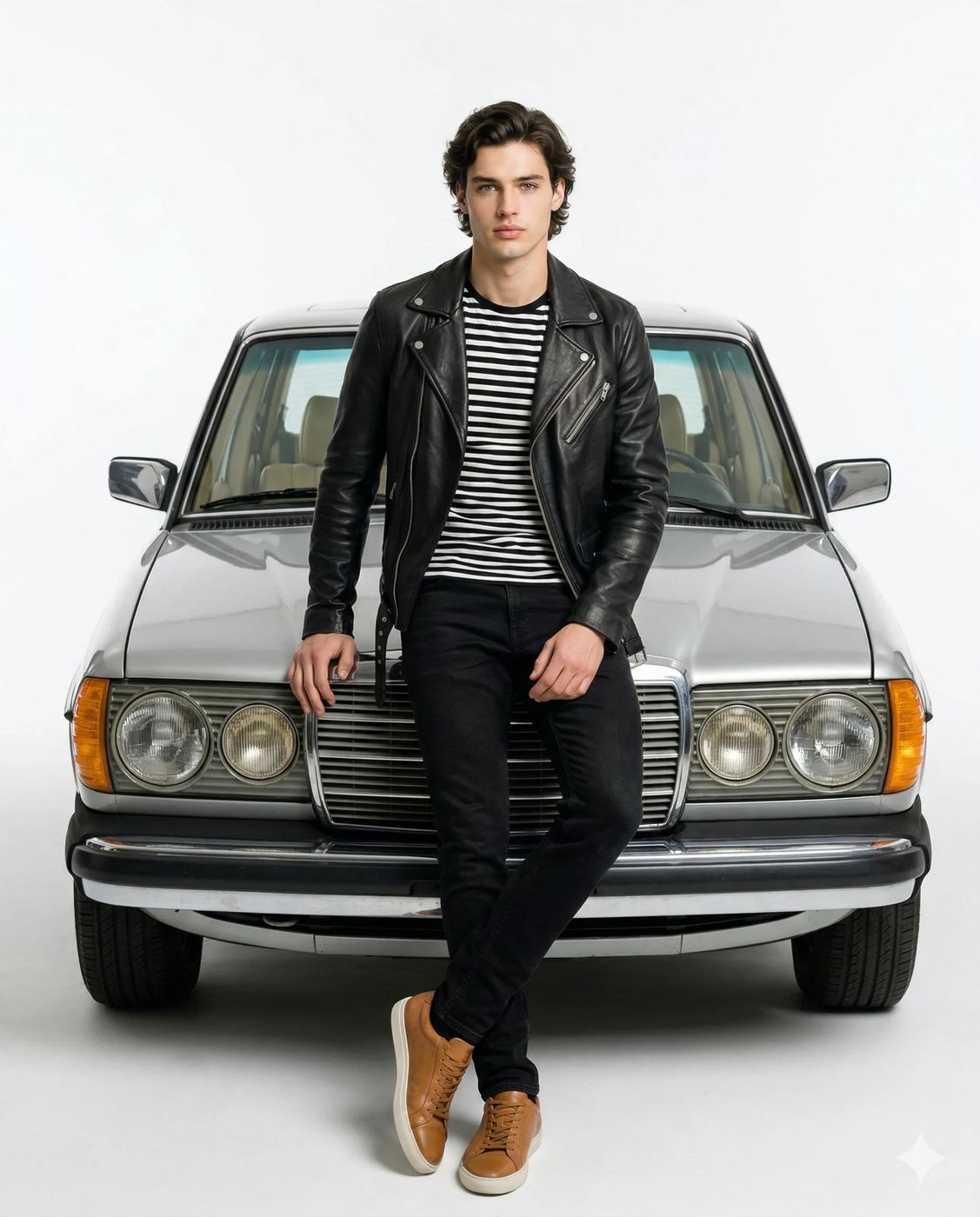 Man and Vintage Silver Car Photography Prompt. AI generated studio portrait of a stylish man in a black leather jacket leaning against a classic silver car.