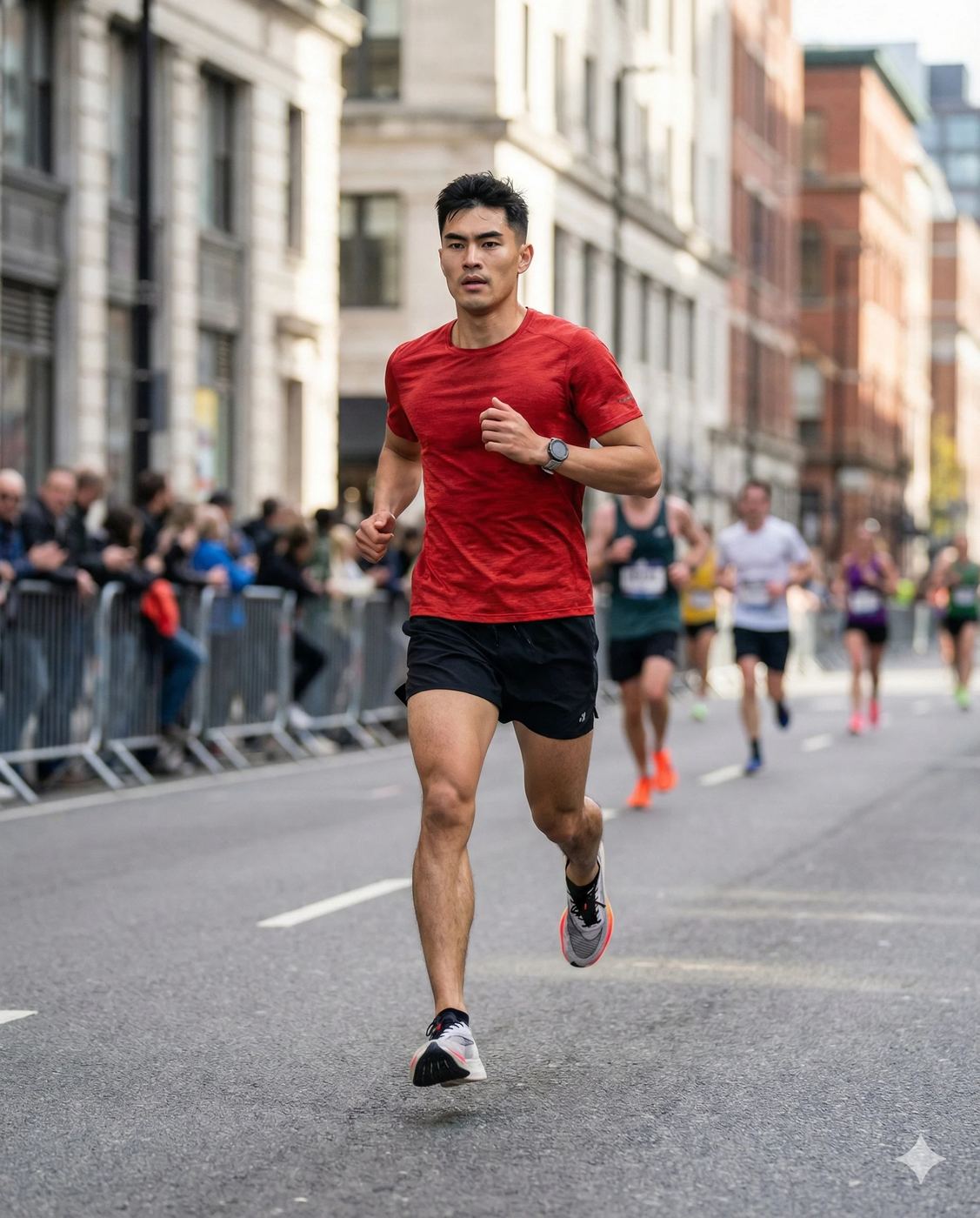 Man Running Marathon AI Photo Editing Prompt. AI generated action portrait of an athletic man in a red t-shirt and black shorts running a city marathon with spectators.