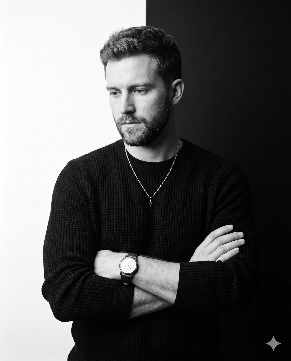 Pensive Man in Black Sweater AI Photo Editing Prompt. AI generated high-contrast studio portrait of a pensive, man with a downward, contemplative gaze, wearing a textured black sweater and wristwatch with crossed arms against a split background.