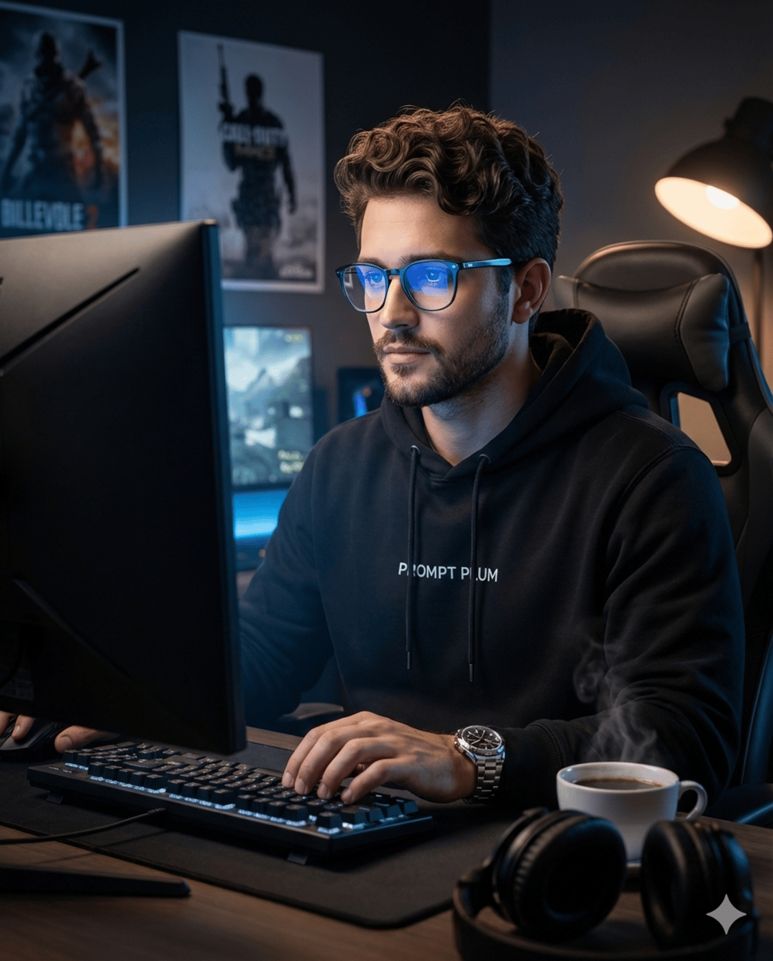 AI Prompt Generated Image: A bearded man in glasses and a black hoodie types at a backlit gaming desk setup with posters, steaming coffee, and headphones.