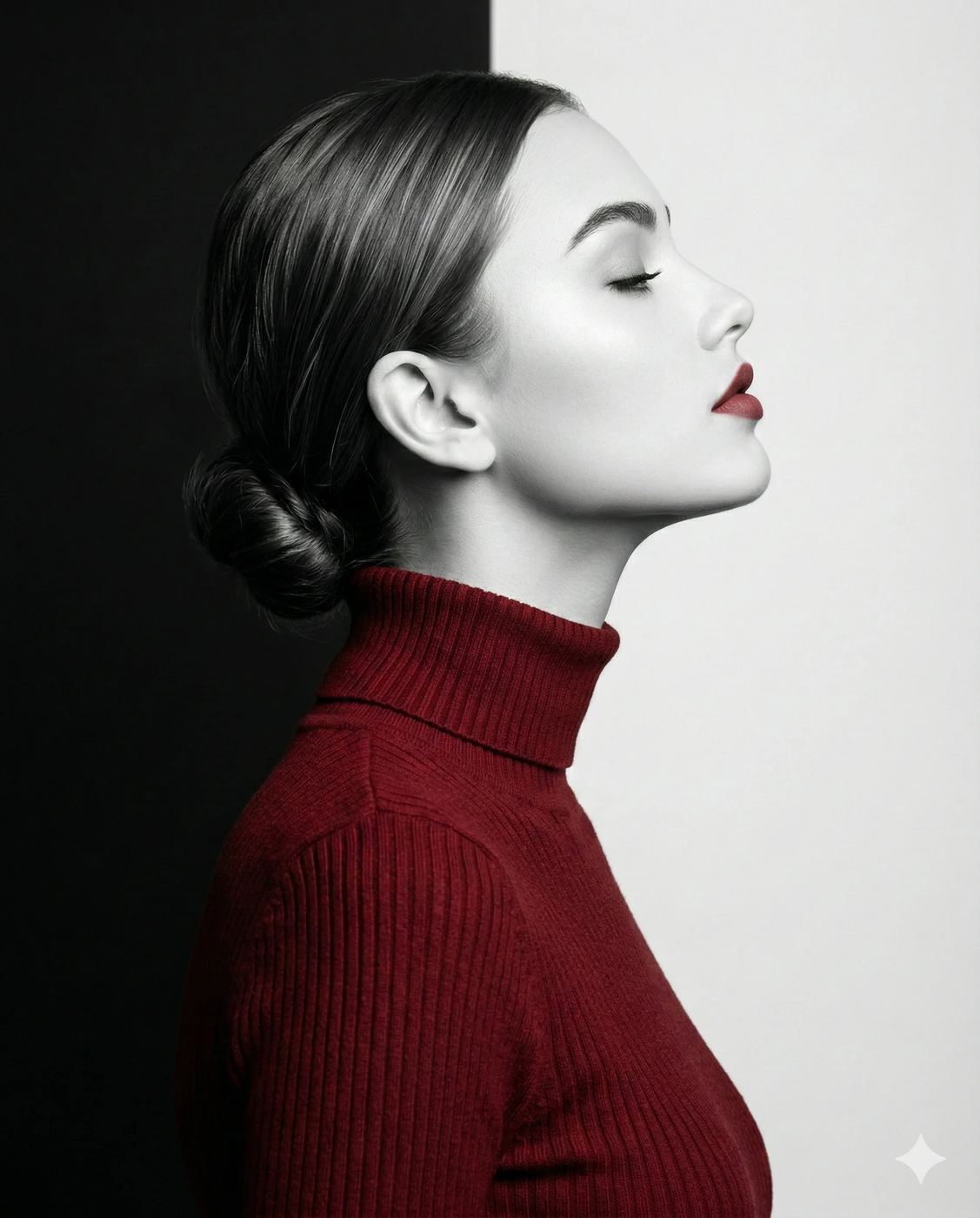 Woman in Red Turtleneck AI Photo Editing Prompt. AI generated studio portrait of a woman's profile featuring a red turtleneck and red lips against a split black and white background.