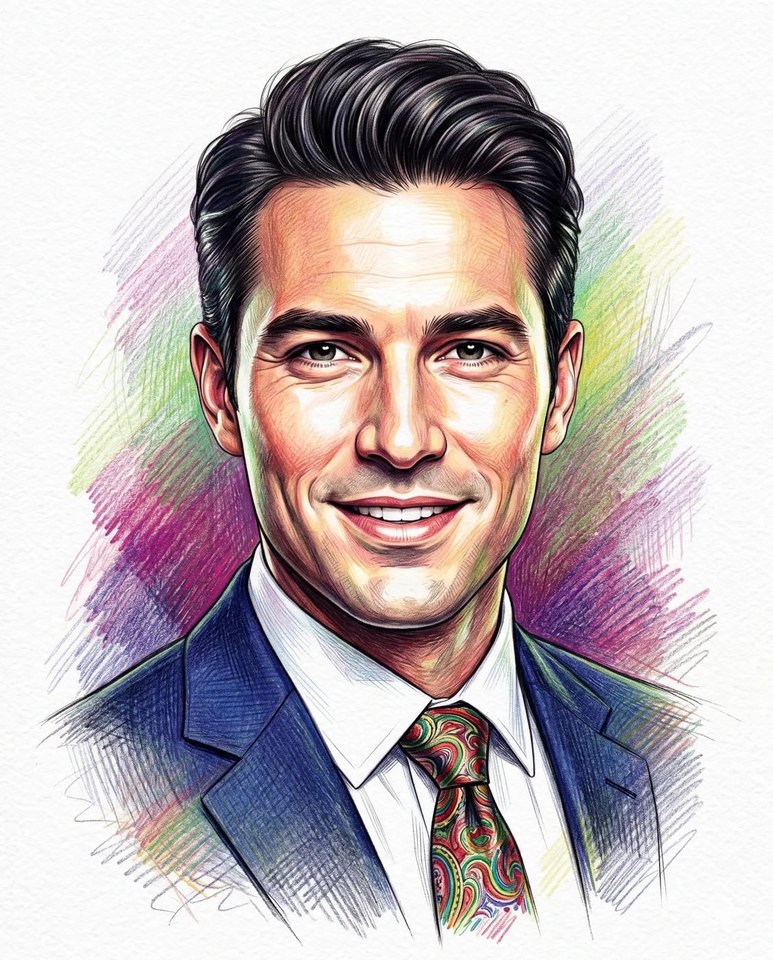 Smiling Man in Blue Suit AI Photo Editing Prompt. AI generated colored pencil sketch portrait of a smiling man with styled dark hair, a blue suit jacket, and a colorful paisley tie.