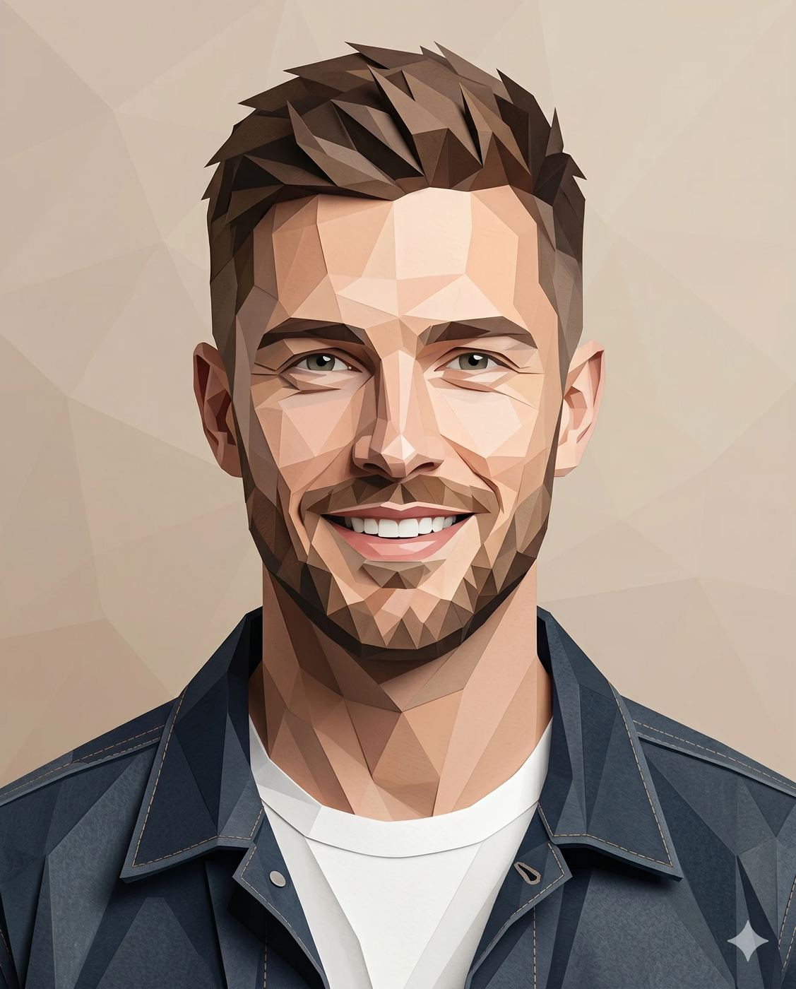 Geometric Smiling Man in Denim Jacket AI Photo Editing Prompt. AI generated low-poly digital illustration of a smiling bearded man in a denim jacket against a neutral geometric background.