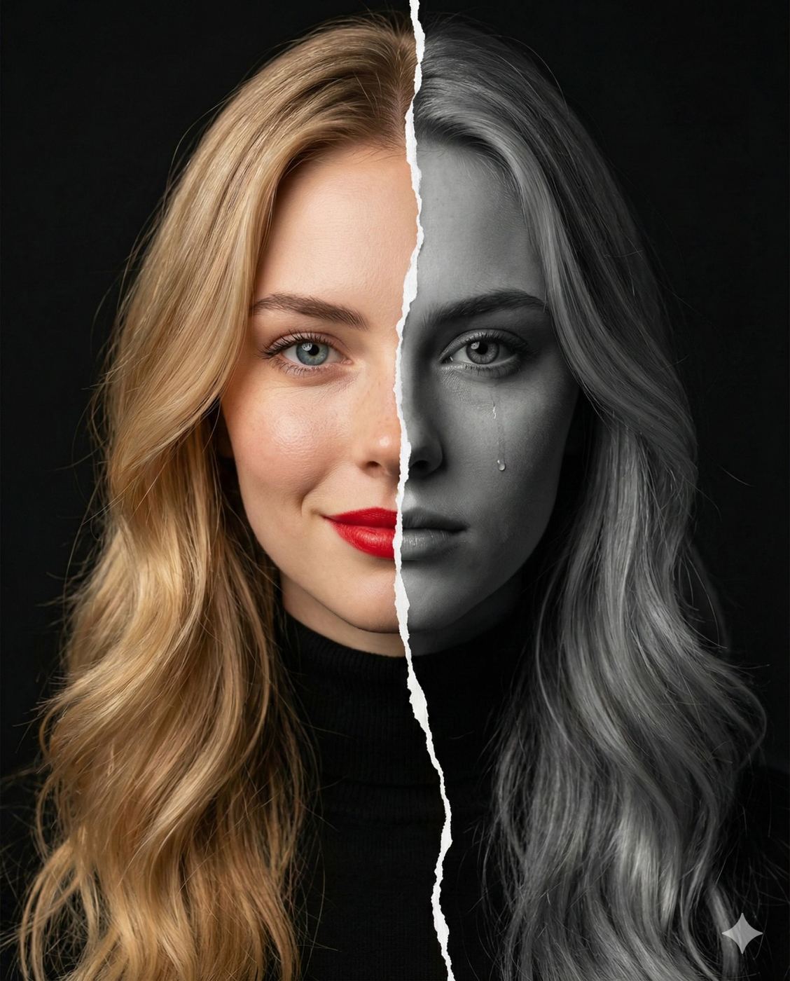 Split portrait: one side is vibrant and smiling, the other is grayscale and tearful. A torn paper edge dramatically separates these two moods against a deep black backdrop.