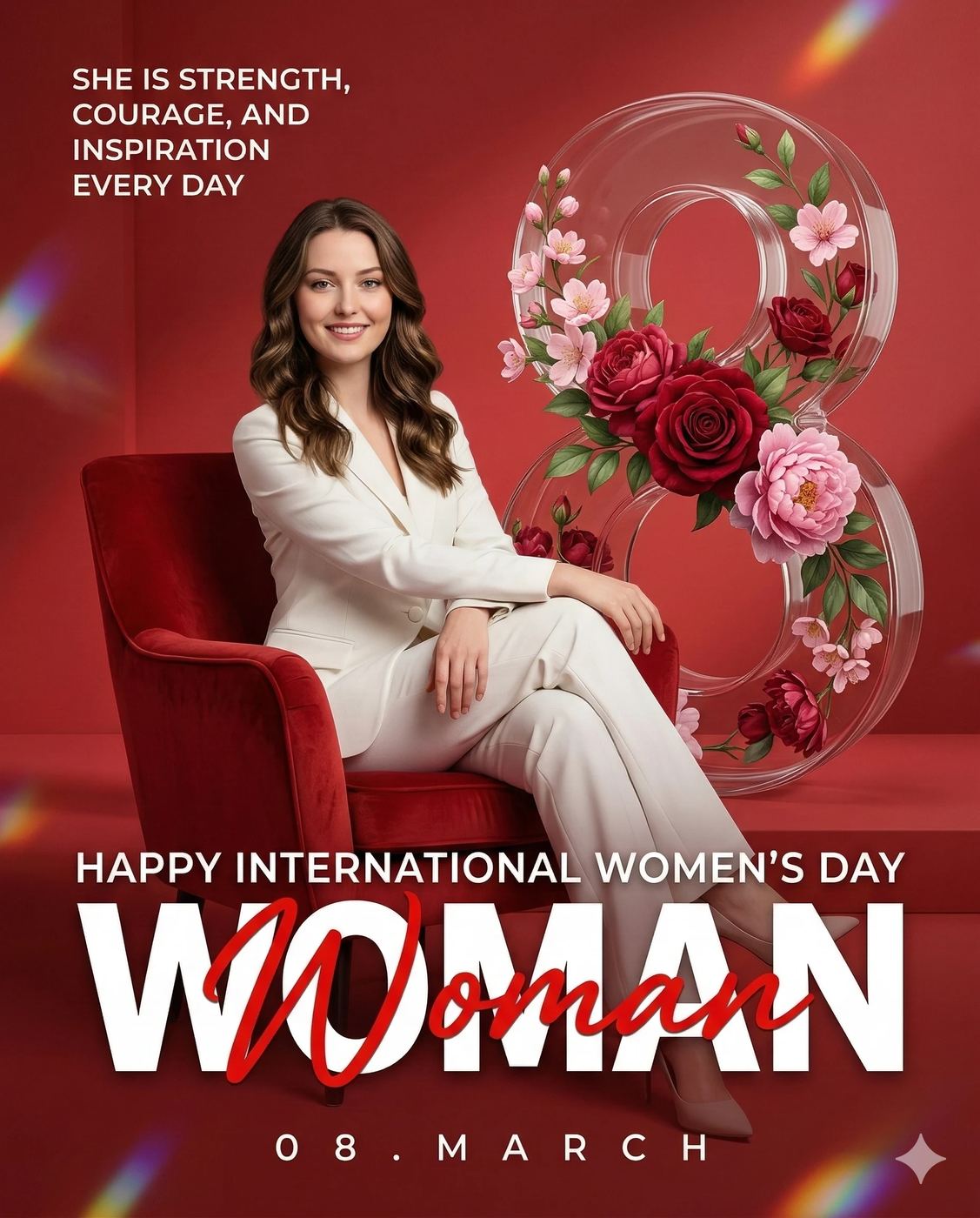 Gemini said International Women's Day Poster AI Photo Editing Prompt. AI generated digital illustration of a smiling woman in a white suit sitting in a red armchair next to a large glass number eight decorated with pink and red flowers.