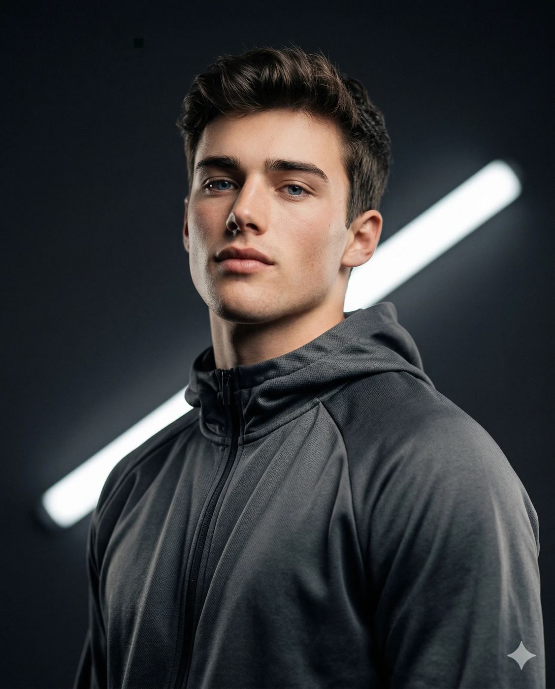 Young Man in Grey Hoodie AI Photo Editing Prompt. AI generated studio portrait of a young man wearing a grey zip-up hoodie against a dark background with a diagonal light bar.