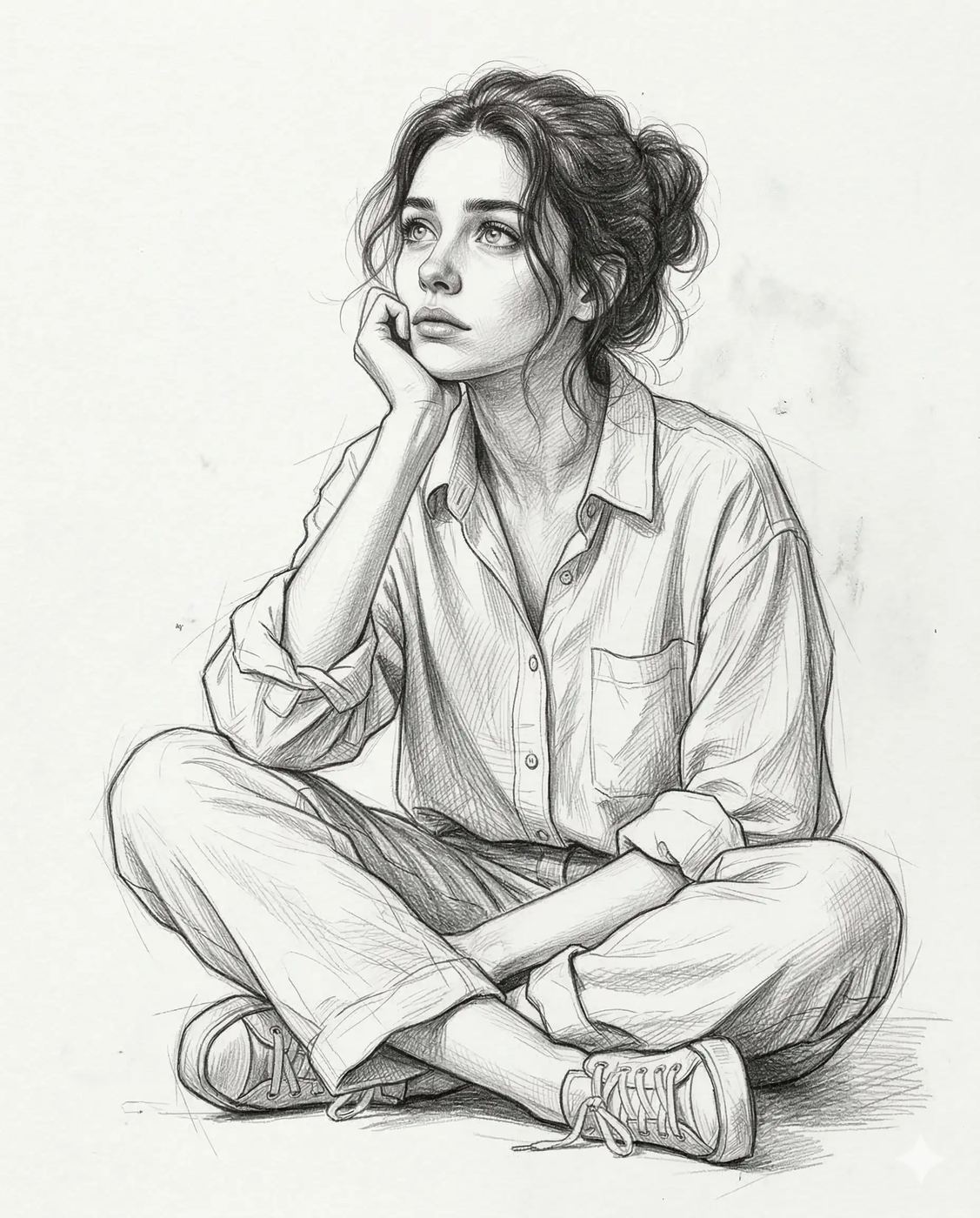 Thinking Woman Pencil Sketch AI Photo Editing Prompt. AI generated pencil sketch illustration of a thoughtful young woman sitting cross-legged on the floor while looking upward.
