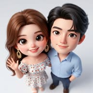 3D Stylized Couple Portrait Prompt. AI generated 3D digital illustration of a fashionable young couple posing together from a high-angle view, featuring a woman waving in a fruit-print top and a man in a light blue shirt.