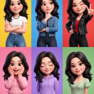 AI generated digital illustration featuring a grid of six expressive female character variations with wavy dark hair and stylish outfits against vibrant solid-color backgrounds.