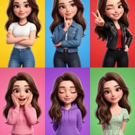 3D Animated Girl Expressions AI Photo Editing Prompt. AI generated 3D digital illustration of a girl in six different outfits and poses displayed in a vibrant six-panel colorful grid.
