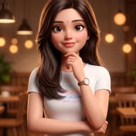 Young Woman Digital Illustration AI Prompt. AI generated 3D digital illustration of a smiling young woman with a pink bindi posing thoughtfully in a cozy, warm-lit cafe setting.