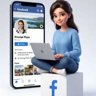 Gemini said Girl with Laptop and Facebook Profile AI Photo Editing Prompt. AI generated 3D digital illustration of a young woman in a blue sweater sitting on a Facebook logo cube while using a laptop next to a large smartphone displaying a Facebook profile.