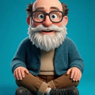 3D Elderly Man Illustration AI Prompt. AI generated 3D character illustration of a smiling elderly man with a white beard and glasses sitting cross-legged in a blue cardigan.