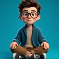 3D Boy Character Design AI Prompt. AI generated 3D character illustration of a smiling boy in a blue cardigan sitting cross-legged on a teal background.