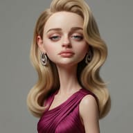 Blonde 3D Stylized Character Digital Illustration Prompt. AI generated 3D digital illustration of a woman with blonde wavy hair wearing a draped purple dress and silver earrings.