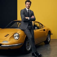 Gemini AI Generated Image of A stylish man in a sharp grey suit leans against a vintage yellow sports car set against a bold, split black-and-yellow background.