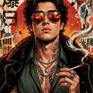 Gemini AI Generated Edgy anime-style art of a tattooed man with sunglasses.