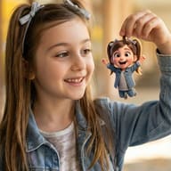 Gemini AI Generated Image of a smiling girl holds a tiny, 3D animated cartoon version of herself.