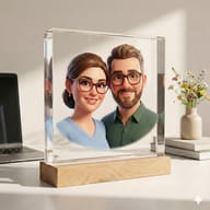 Gemini AI Generated Image: 3D animated couple in an acrylic block on a wooden base. Modern desk setup with soft, cinematic lighting.