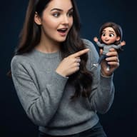 Gemini AI Generated Image: A young woman with long, dark wavy hair, captured in a studio setting against a solid dark blue background. She is dressed casually in a grey knitted sweater and dark jeans. Her expression is one of delightful surprise, with her mouth open in a smile, as she looks at a small, 3D animated figurine held in her left hand. She points excitedly at the figurine with her right index finger. The figurine is a stylized, cute miniature version of herself—resembling a Pixar-style character—dressed in an identical grey sweater and jeans with its arms outstretched. The lighting is soft and focused, highlighting the contrast between the realistic human subject and her charming cartoon counterpart.