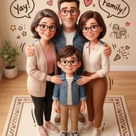 3D Cartoon Family AI Photo Editing Prompt. AI generated 3D digital illustration of a smiling family of four wearing glasses with cute floating doodles.