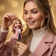 Gemini AI Generated photorealistic portrait of a cheerful young woman with long blonde hair, dressed in a stylish soft pink coat and a white ribbed turtleneck. She is smiling broadly while holding a small, adorable 3D animated figurine of herself suspended in front of her face. The miniature character mirrors her appearance perfectly, wearing the same outfit, but is designed in a cute, wide-eyed cartoon style with outstretched arms and a joyful expression. The woman interacts playfully with the doll, gently holding it by the hair. The background is a soft, out-of-focus wash of warm golden tones and bokeh lights, creating a cozy atmosphere that highlights the whimsical connection between the realistic subject and her animated counterpart.