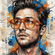 AI generated mixed media digital illustration of a man with messy hair and orange-framed glasses looking upward against a background of newspaper clippings and vibrant paint splashes.