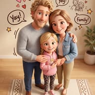 Happy 3D Cartoon Family AI Photo Editing Prompt. AI generated 3D digital illustration of a smiling father, mother, and young daughter standing together, surrounded by playful hand-drawn doodles and speech bubbles.
