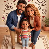 3D Pixar-Style Family AI Photo Editing Prompt. AI generated digital illustration of a smiling mother, father, and young daughter standing together, surrounded by hand-drawn doodles and speech bubbles.