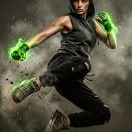 Gemini AI Generated Image of a Hooded female fighter leaps mid-air, fists surging with green energy amidst gritty smoke.