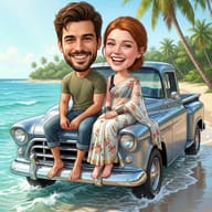 Gemini AI Generated Image: 3D caricature of a smiling couple on a vintage blue truck at a tropical beach. The woman wears a floral saree, the man a green t-shirt. Sunny ocean backdrop with palm trees.