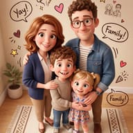 Doodle-Adorned 3D Family Portrait AI Photo Editing Prompt. AI generated stylized digital illustration of a smiling four-member family with hand-drawn annotations and text bubbles including 'Yay!' and 'Family!'.