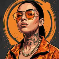 Tattooed Woman in Orange Camo AI Illustration Prompt. AI generated digital illustration portrait of a woman with neck tattoos, orange-tinted glasses, and a gold chain wearing an orange camo jacket.