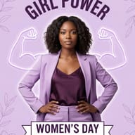 Women's Day Girl Power Poster AI Prompt. AI generated digital illustration of a confident woman in a purple suit with neon flexed arm outlines and International Women's Day text.