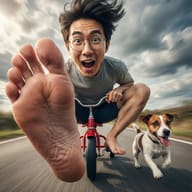 Surreal shot of a man on a red tricycle thrusting a giant bare foot toward the camera, racing a Jack Russell Terrier down a motion-blurred road.