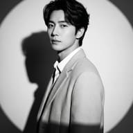 AI generated black and white studio portrait of a young man in a tailored coat, dramatically lit by a circular spotlight casting a sharp shadow.