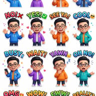 AI generated digital illustration of sixteen expressive cartoon stickers featuring a young man with glasses in various poses and emotional states.