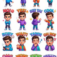 Cartoon Boy Sticker Pack Prompt. AI generated digital illustration of a young boy in colorful hoodies displaying sixteen different emotional expressions and reactions in a sticker format.