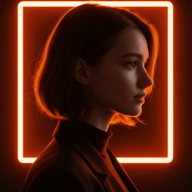 Cinematic profile of a woman framed by a glowing orange neon square, featuring dramatic warm rim lighting against a dark background.