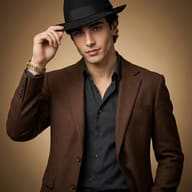 Gemini said A sharp portrait of a man tipping a black fedora, dressed in a brown blazer and gold watch. High-fashion cinematic style against a warm, neutral background.