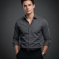 Man in Grey Button-Down Shirt AI Photo Editing Prompt. AI generated studio portrait of a young man with styled dark hair, wearing a charcoal grey button-down shirt and black trousers, posing with hands in pockets.