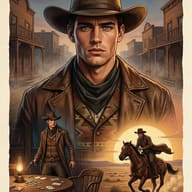 AI generated digital illustration of a cowboy in a duster coat, featuring a poker standoff and a sunset horse ride montage.