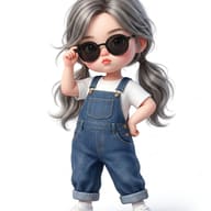 3D cartoon character of a cute little girl with silver hair wearing denim overalls, a white t-shirt, and round sunglasses.
