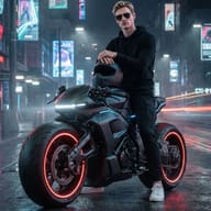 Cyberpunk Biker on Futuristic Motorcycle AI Photo Editing Prompt. AI generated cinematic digital illustration of a young man in a black hoodie and sunglasses posing on a matte black motorcycle with neon-glowing wheels in a rainy, futuristic city.