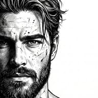 Bearded Man Ink Sketch AI Art Prompt. AI generated detailed ink sketch illustration of a rugged bearded man with messy hair and an intense gaze.