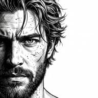Man Ink Sketch AI Photo Editing Prompt. AI generated digital illustration of a rugged man's face featuring high-contrast pen-and-ink cross-hatching and an intense gaze.
