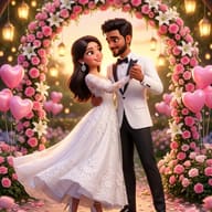 Couple Wedding Dance AI Photo Editing Prompt. AI generated 3D illustration of a couple dancing under a rose arch with heart balloons.