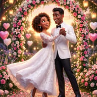 Bride and Groom Dancing under Floral Arch AI Photo Editing Prompt. AI generated digital illustration of a smiling newlywed couple in wedding attire dancing joyfully on a rose petal path beneath a magnificent floral arch at sunset.