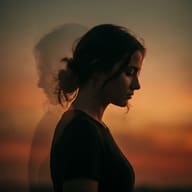 Sunset Double Exposure Portrait AI Photo Editing Prompt. AI generated cinematic portrait of a woman's side profile featuring a faded ghosting effect against a warm orange sunset sky.